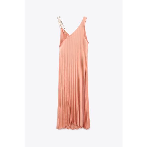 NEW ZARA Pleated Dress with Chain Strap Peach Midi Gold Faux Wrap Surplice XS - Picture 5 of 8